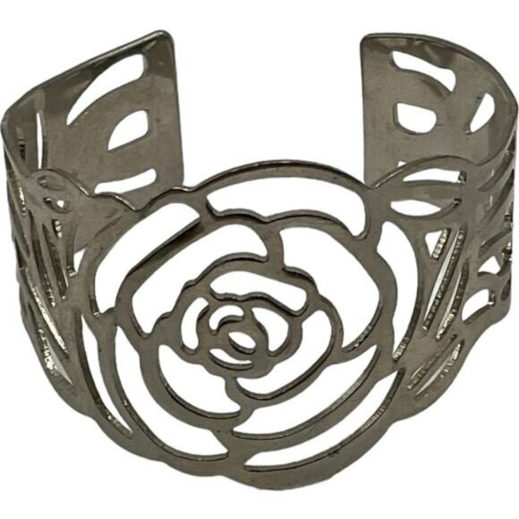 Floral Cutout Adjustable Cuff Bracelet Silver Tone - Picture 1 of 6